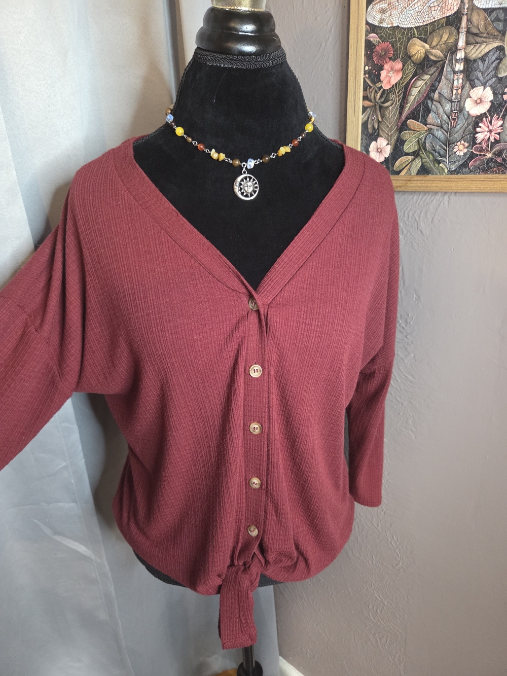 Tie-Hem Button Down Top in Burgundy